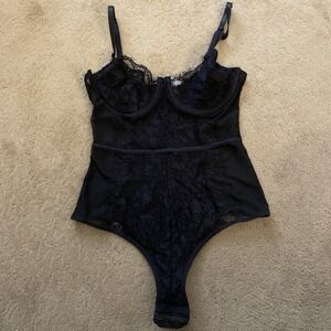 REVAMPED BLACK LACE/MESH THONG BODYSUIT UNDERWIRE SNAP CLOSURE SIZE M